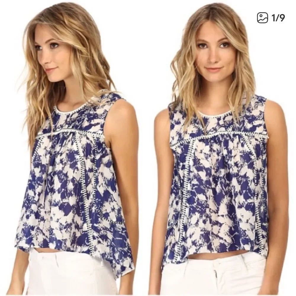 Rebecca Minkoff Lily Cotton Silk Pom Trim Sleeveless Blouse Blue
